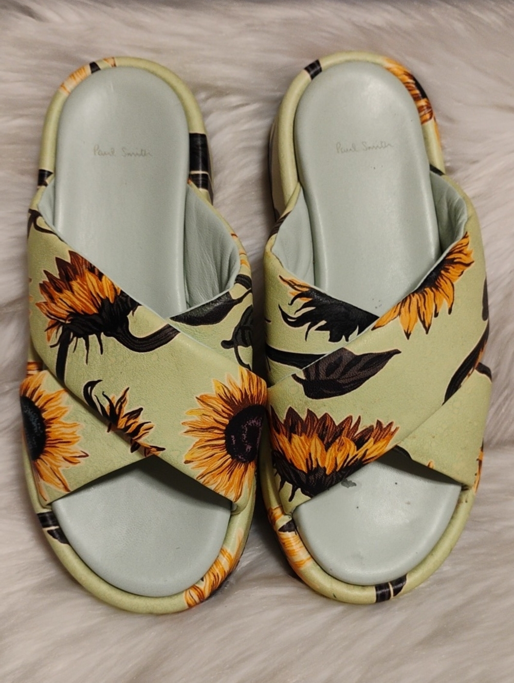 (C-74) Paul Smith Light Green Sunflower-Print Crossband Slides